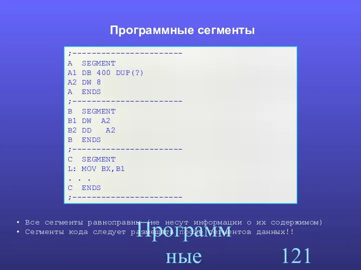 Программные сегменты Программные сегменты ;----------------------- A SEGMENT A1 DB 400 DUP(?)