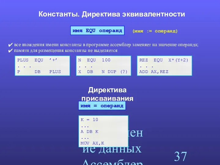 Определение данных Ассемблера Константы. Директива эквивалентности все вхождения имени константы в