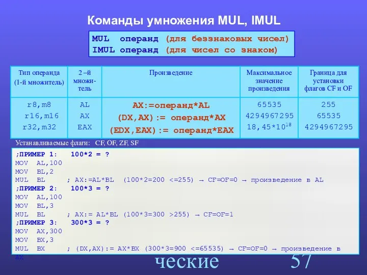 Арифметические команды Команды умножения MUL, IMUL ;ПРИМЕР 1: 100*2 = ?