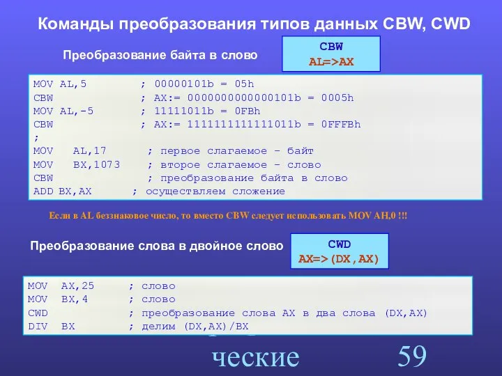 Арифметические команды Команды преобразования типов данных CBW, CWD MOV AL,5 ;