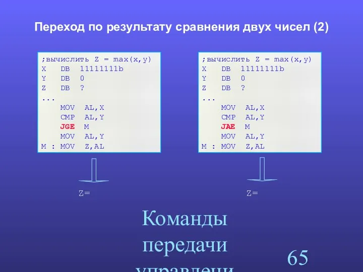 Команды передачи управления Переход по результату сравнения двух чисел (2) ;вычислить