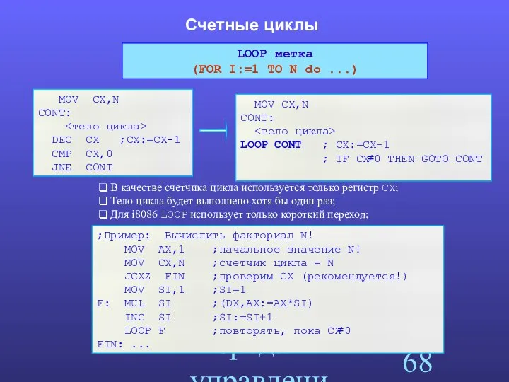 Команды передачи управления Счетные циклы MOV CX,N CONT: DEC CX ;CX:=CX-1