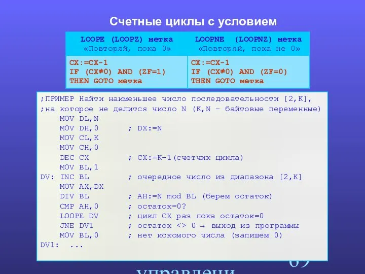 Команды передачи управления Счетные циклы с условием ;ПРИМЕР Найти наименьшее число