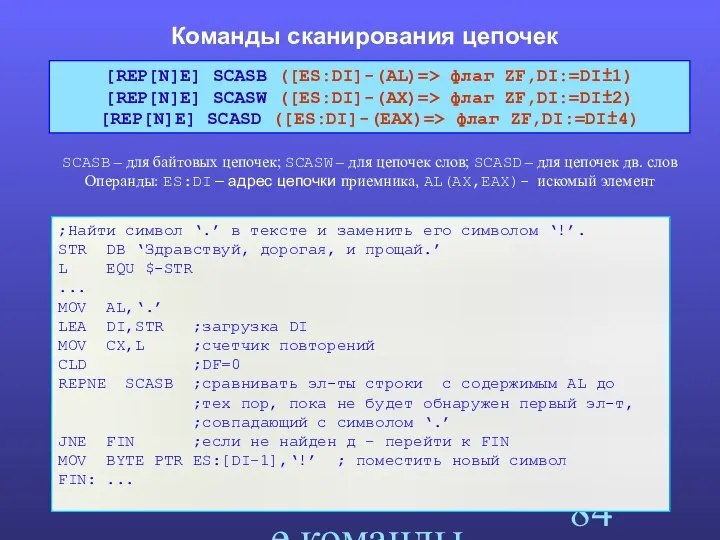 Цепочечные команды Команды сканирования цепочек SCASB – для байтовых цепочек; SCASW