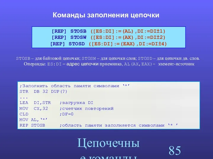 Цепочечные команды Команды заполнения цепочки STOSB – для байтовой цепочки; STOSW