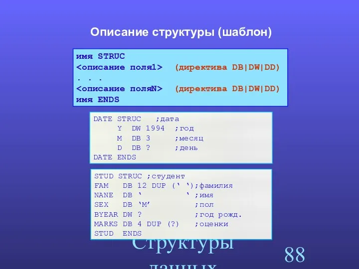 Структуры данных Описание структуры (шаблон) STUD STRUC ;студент FAM DB 12