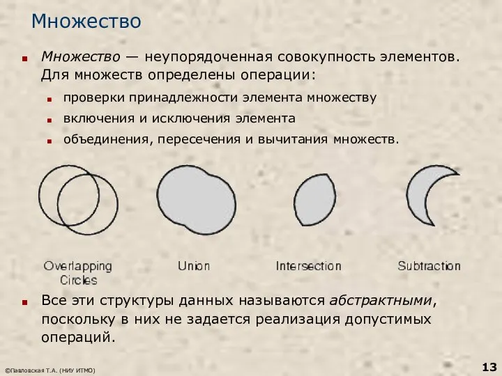 Множество Множество — неупорядоченная совокупность элементов. Для множеств определены операции: проверки