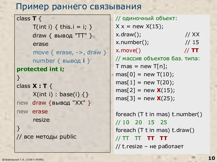 ©Павловская Т.А. (СПбГУ ИТМО) Пример раннего связывания class T { T(int