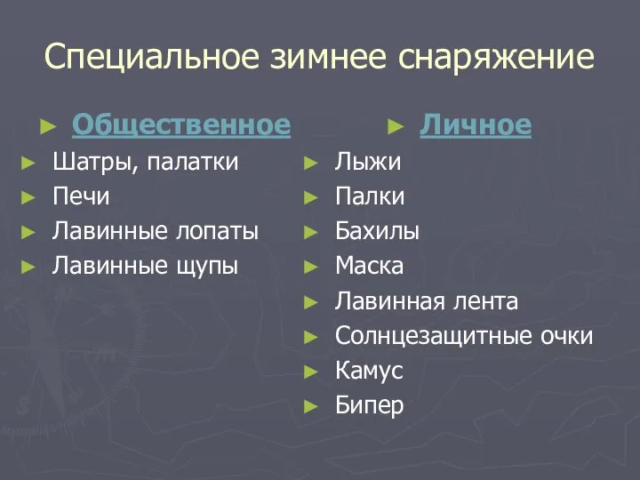 Специальное зимнее снаряжение Общественное Шатры, палатки Печи Лавинные лопаты Лавинные щупы