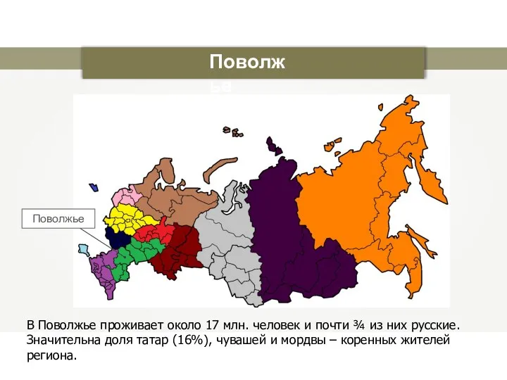 Поволжье В Поволжье проживает около 17 млн. человек и почти ¾