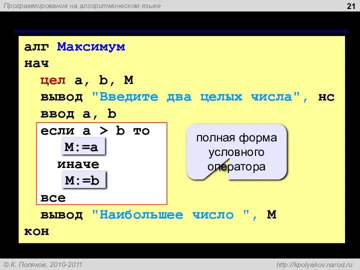 Вариант 1. Программа алг Максимум нач цел a, b, M вывод