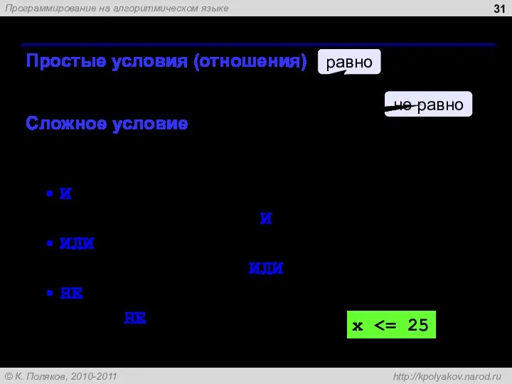 Сложные условия Простые условия (отношения) >= = Сложное условие – это