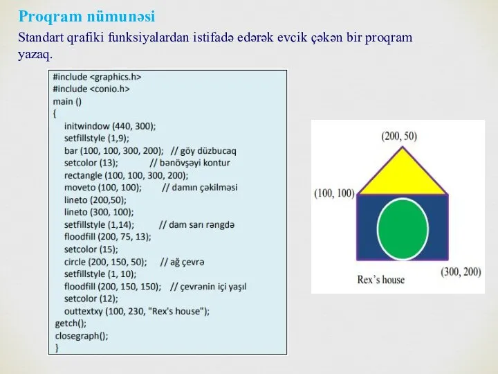 Proqram nümunəsi Standart qrafiki funksiyalardan istifadə edərək evcik çəkən bir proqram yazaq.