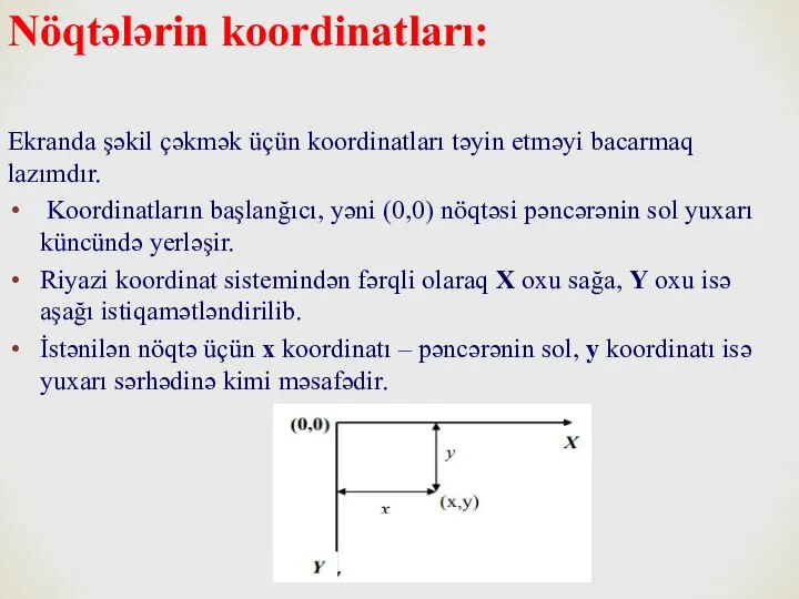 Nöqtələrin koordinatları: Ekranda şəkil çəkmək üçün koordinatları təyin etməyi bacarmaq lazımdır.