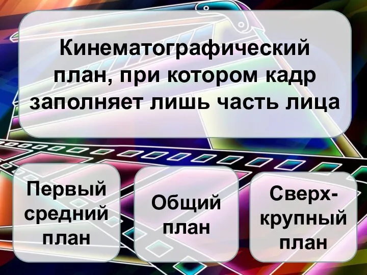 Кинематографический план, при котором кадр заполняет лишь часть лица Первый средний план Общий план Сверх-крупный план