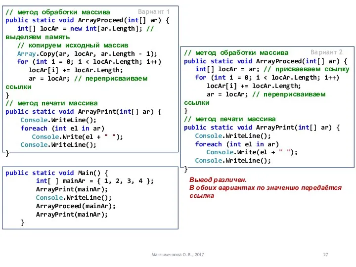 Максименкова О.В., 2017 public static void Main() { int[ ] mainAr