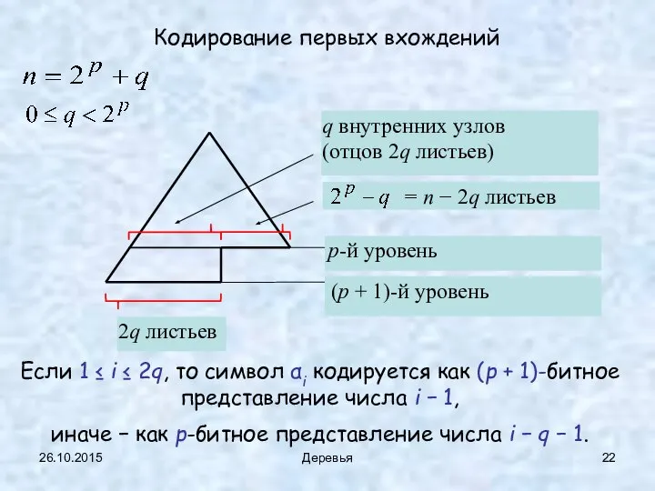 26.10.2015 Деревья Кодирование первых вхождений Если 1 ≤ i ≤ 2q,