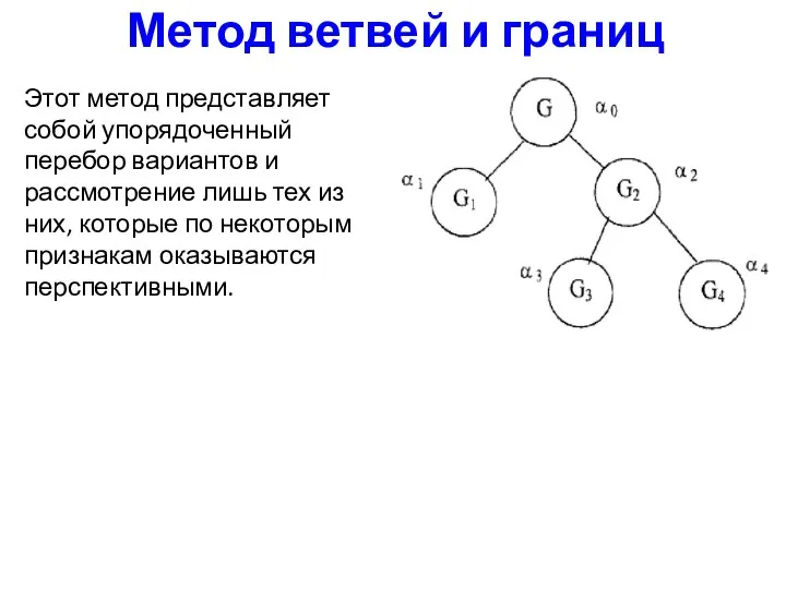 Метод ветвей и границ Этот метод представляет собой упорядоченный перебор вариантов