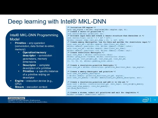 Deep learning with Intel® MKL-DNN Intel® MKL-DNN Programming Model Primitive –