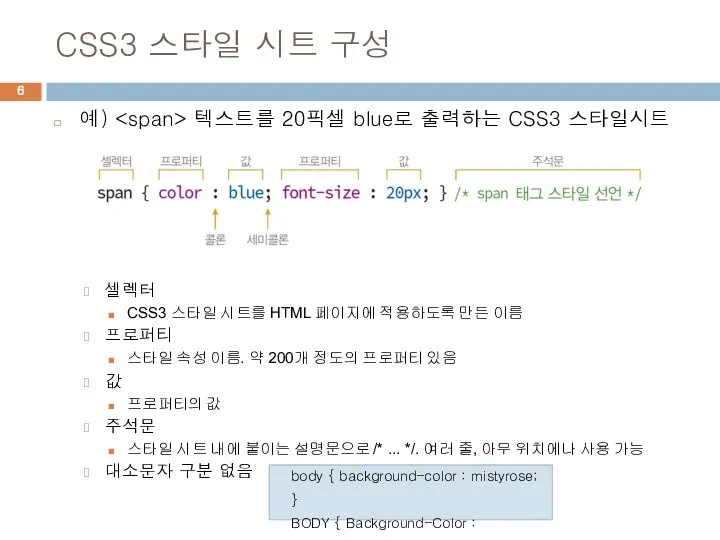 CSS3 스타일 시트 구성 예) 텍스트를 20픽셀 blue로 출력하는 CSS3 스타일시트
