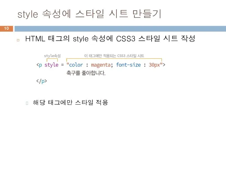style 속성에 스타일 시트 만들기 HTML 태그의 style 속성에 CSS3 스타일