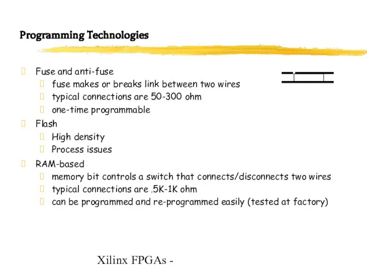 Xilinx FPGAs - Programming Technologies Fuse and anti-fuse fuse makes or