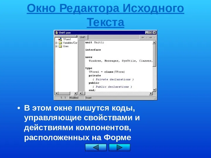 Окно Редактора Исходного Текста В этом окне пишутся коды, управляющие свойствами