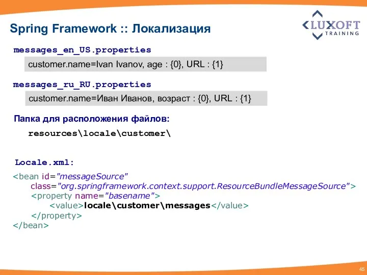 Spring Framework :: Локализация messages_en_US.properties customer.name=Ivan Ivanov, age : {0}, URL