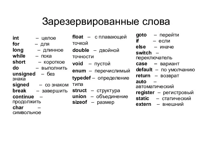 Зарезервированные слова int – целое for – для long – длинное