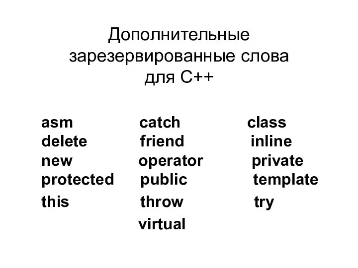 Дополнительные зарезервированные слова для С++ asm catch class delete friend inline