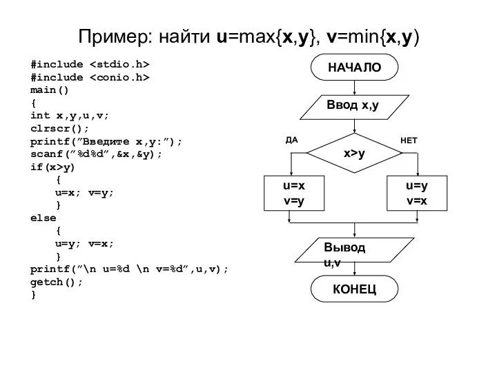 Пример: найти u=max{x,y}, v=min{x,y) #include #include main() { int x,y,u,v; clrscr();