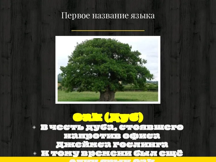 Первое название языка Oak (Дуб) В честь дуба, стоявшего напротив офиса