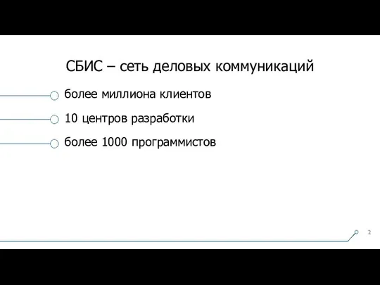 СБИС – сеть деловых коммуникаций более миллиона клиентов 10 центров разработки более 1000 программистов