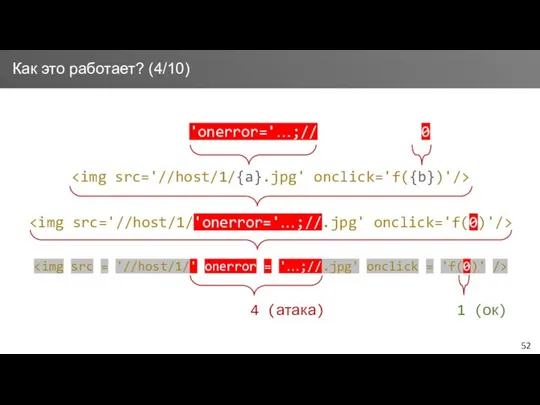 Как это работает? (4/10) 'onerror='…;// 0 4 (атака) 1 (ок)