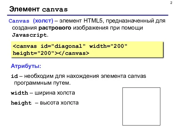 Элемент canvas Canvas (холст) – элемент HTML5, предназначенный для создания растрового