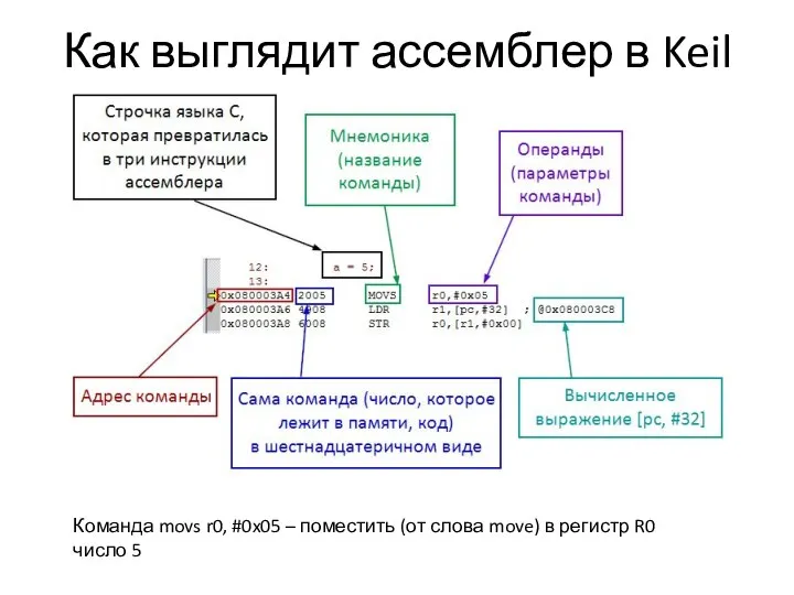 Как выглядит ассемблер в Keil Команда movs r0, #0x05 – поместить