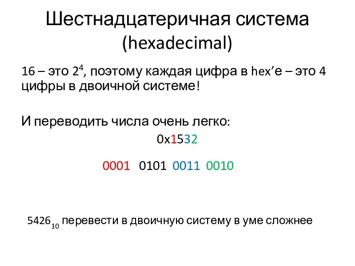 Шестнадцатеричная система (hexadecimal) 16 – это 24, поэтому каждая цифра в