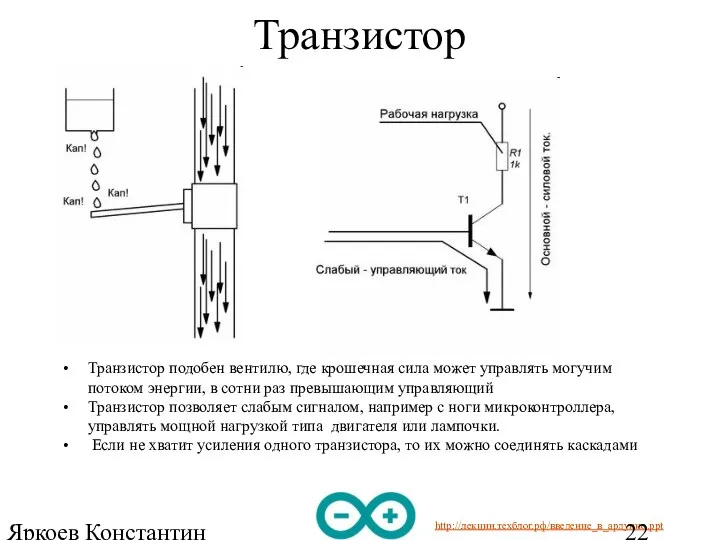 Яркоев Константин Евгеньевич Транзистор Транзистор подобен вентилю, где крошечная сила может