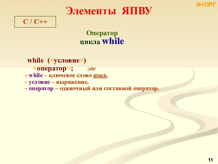Элементы ЯПВУ C / С++ Оператор цикла while while ( )