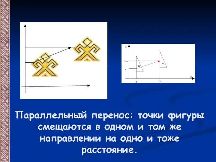 Параллельный перенос: точки фигуры смещаются в одном и том же направлении на одно и тоже расстояние.