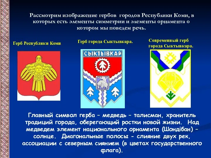 Рассмотрим изображение гербов городов Республики Коми, в которых есть элементы симметрии