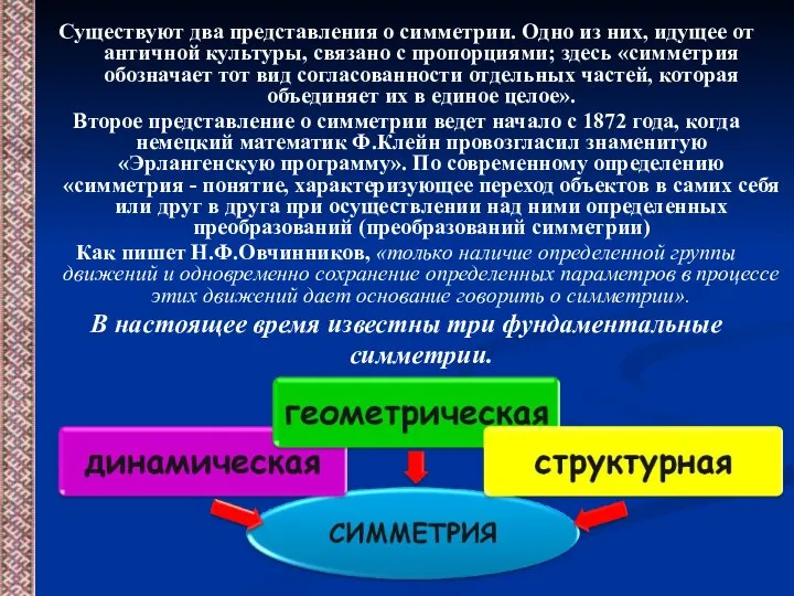 Существуют два представления о симметрии. Одно из них, идущее от античной