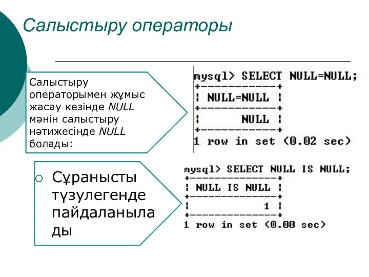 Салыстыру операторы Сұранысты түзулегенде пайдаланылады Салыстыру операторымен жұмыс жасау кезінде NULL мәнін салыстыру нәтижесінде NULL болады: