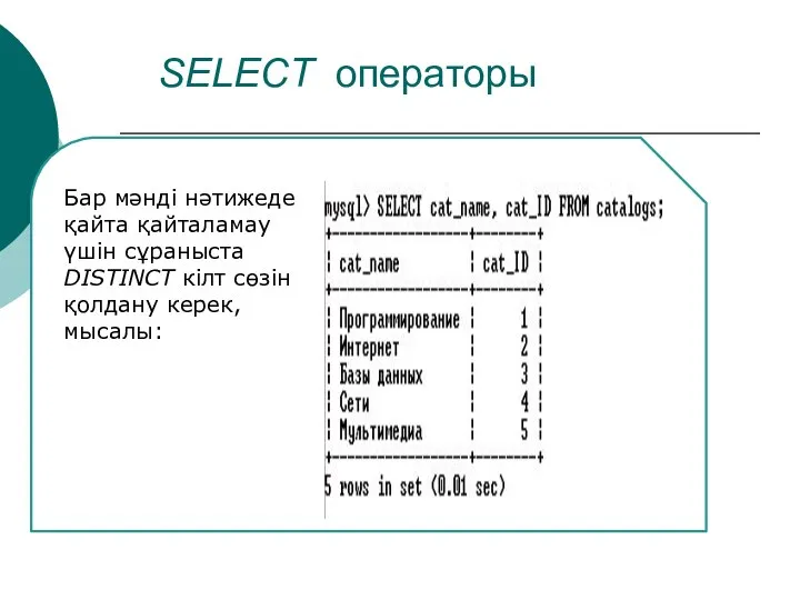 SELECT операторы Бар мәнді нәтижеде қайта қайталамау үшін сұраныста DISTINCT кілт сөзін қолдану керек, мысалы: