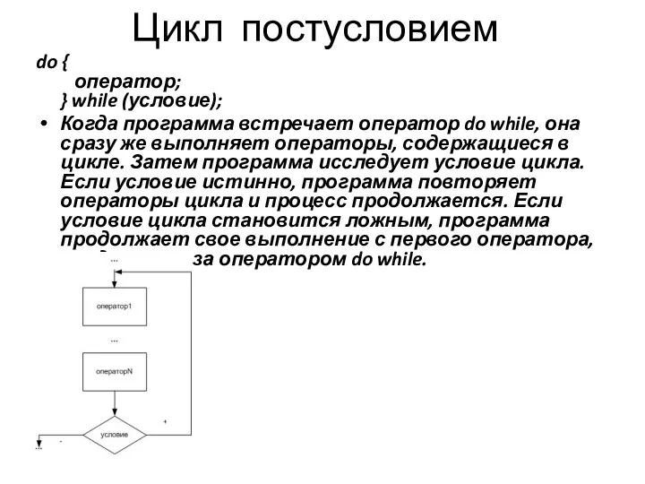 Цикл постусловием do { оператор; } while (условие); Когда программа встречает