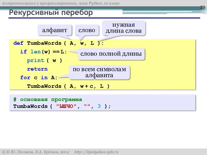 Рекурсивный перебор # основная программа TumbaWords ( "ЫШЧО", "", 3 );