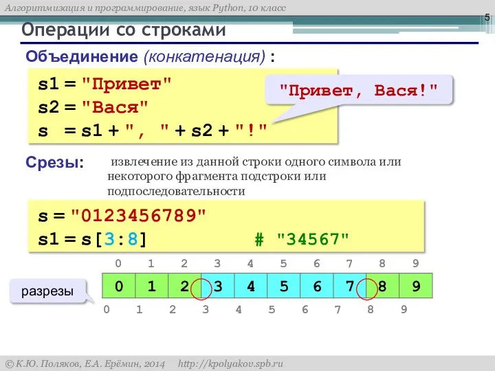 Операции со строками Объединение (конкатенация) : s1 = "Привет" s2 =