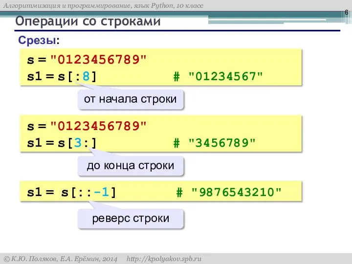 Операции со строками Срезы: s = "0123456789" s1 = s[:8] #