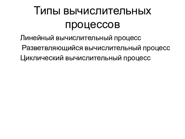 Типы вычислительных процессов Линейный вычислительный процесс Разветвляющийся вычислительный процесс Циклический вычислительный процесс