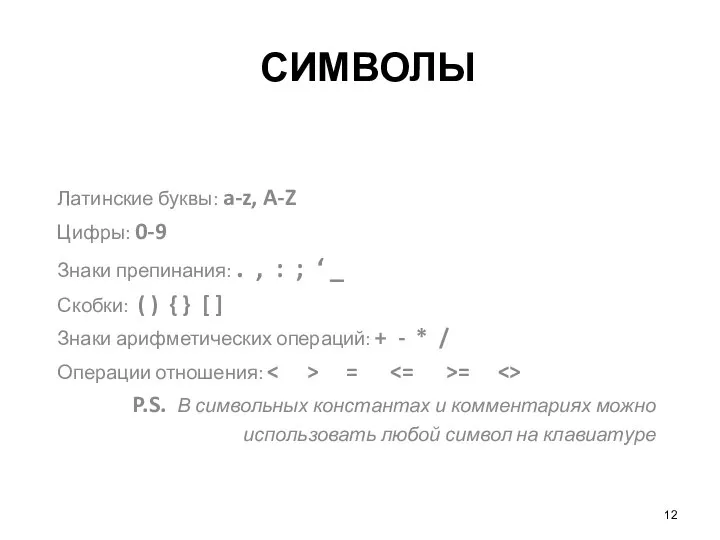 СИМВОЛЫ Латинские буквы: a-z, A-Z Цифры: 0-9 Знаки препинания: . ,